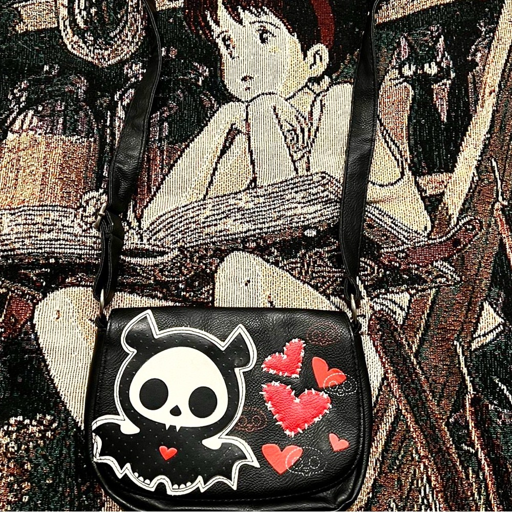 Black Crossbody Bag with Skull and Hearts